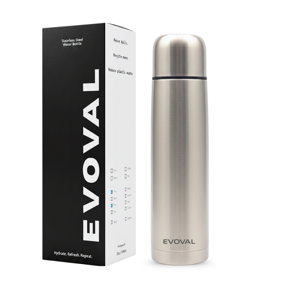EVOVAL ThermoPro Stainless Steel Vacuum Insulated Thermos Flask 1000ml | Hot & Cold Water Bottle, Leakproof Double Wall Steel Bottle for Office, Travel & Home