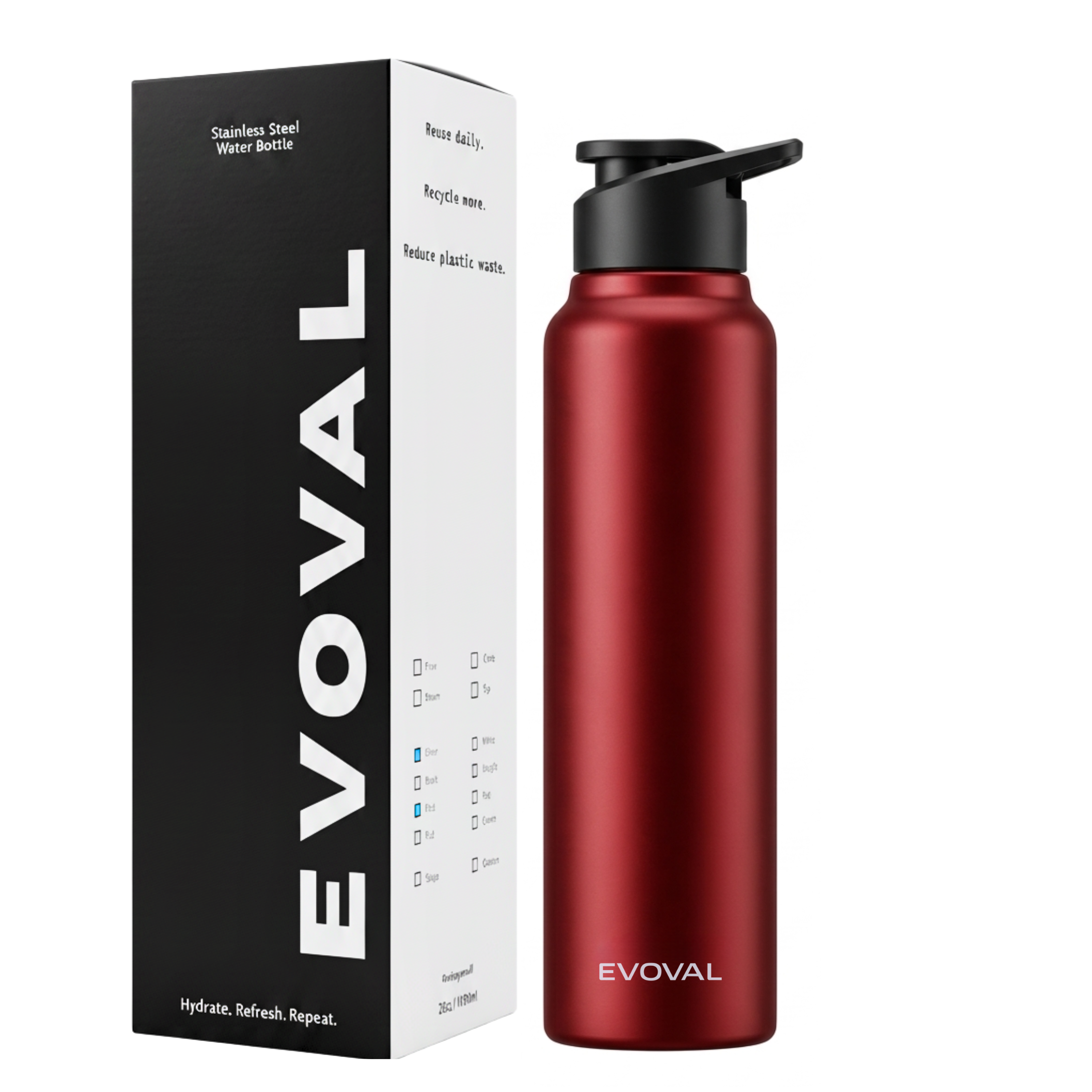 EVOVAL Core Go 1000ml (Red) | Single Wall Stainless Steel Water Bottle | Lightweight, Fridge-Friendly, Leak-Proof, Rust-Free