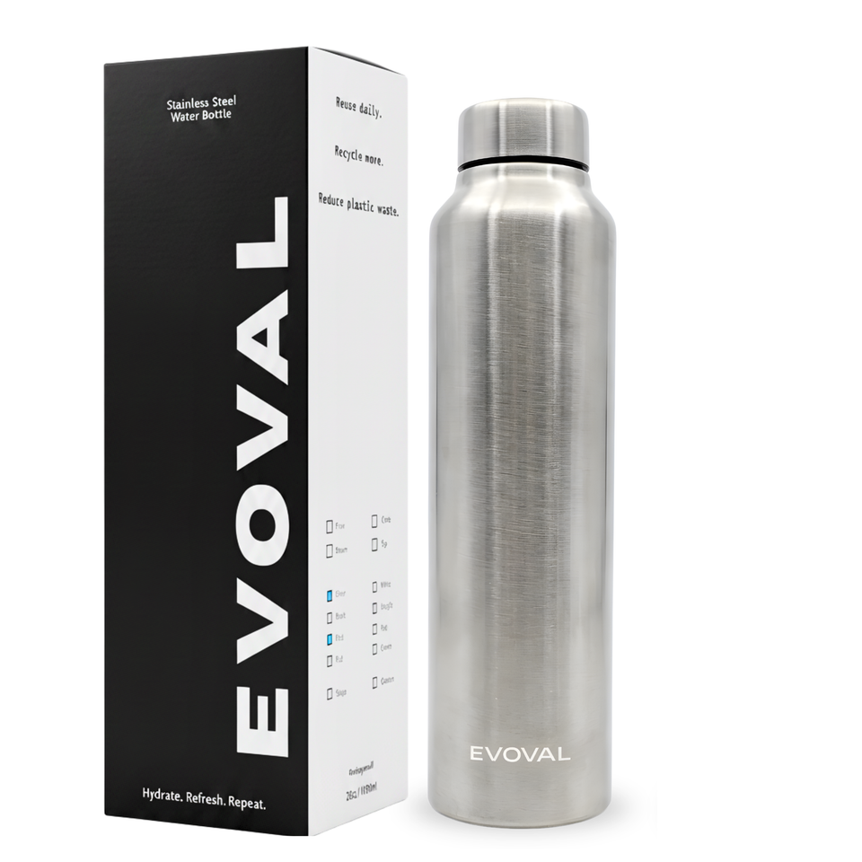 EVOVAL CORE 1000 ml (Silver) | Stainless Steel Water Bottle, Leak-Proof, Reusable, Single Wall Metal Bottle for Office, Gym, Travel & School