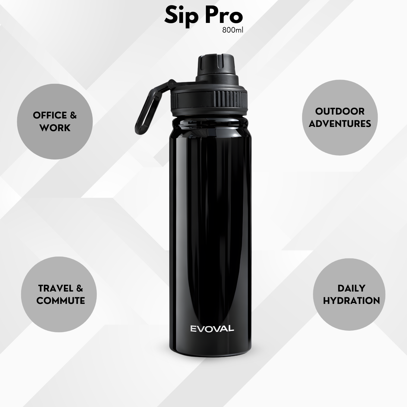 EVOVAL SIP PRO 800ml Stainless Steel Insulated Water Bottle | Sports Bottle for Gym, Office & Outdoor Use
