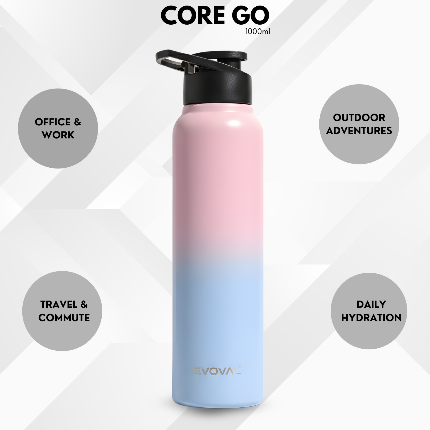 EVOVAL Core Go 1000ml (Duo Pink) | Single Wall Stainless Steel Water Bottle | Lightweight, Fridge-Friendly | Ideal for Home, Office, Gym, Travel