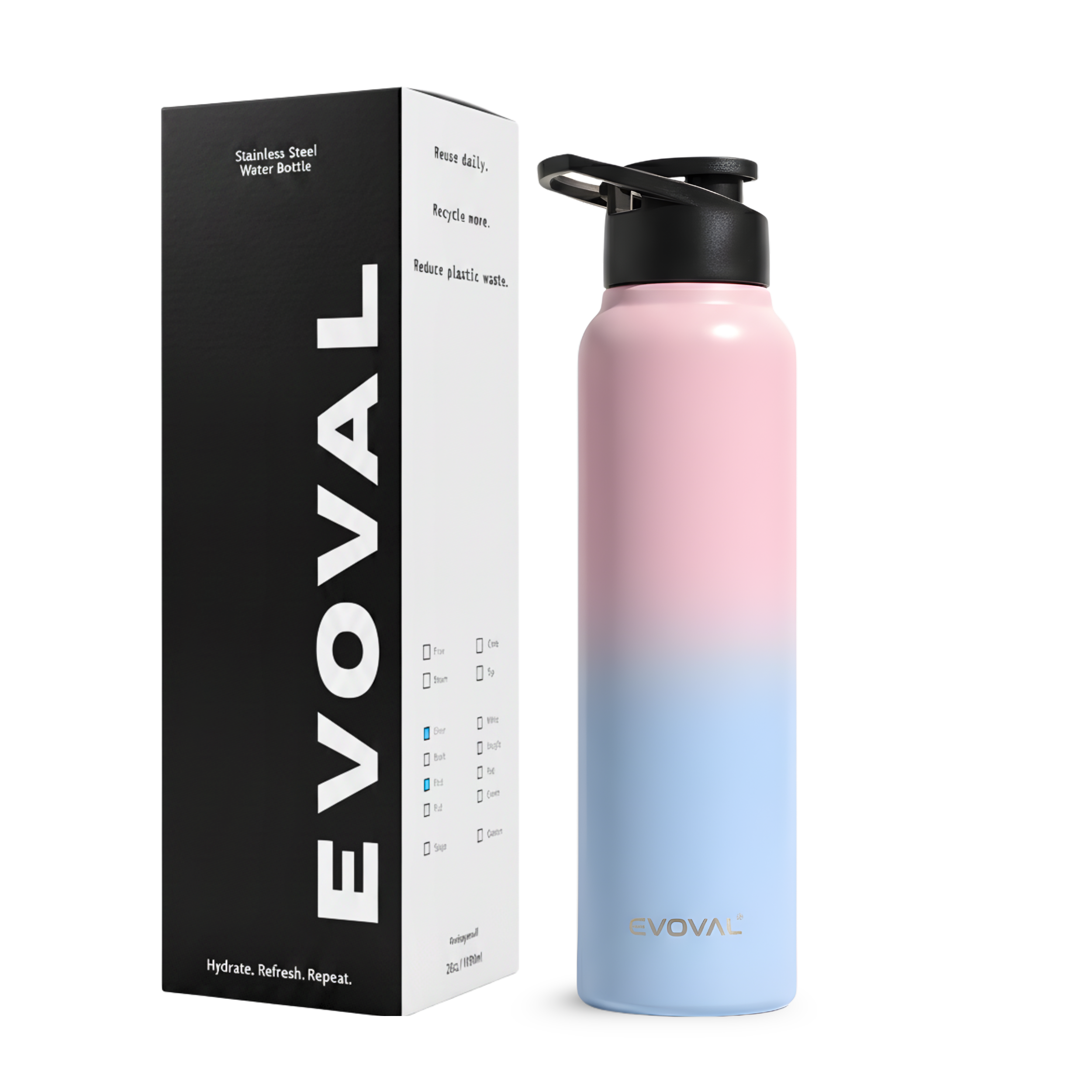 EVOVAL Core Go 1000ml (Duo Pink) | Single Wall Stainless Steel Water Bottle | Lightweight, Fridge-Friendly | Ideal for Home, Office, Gym, Travel