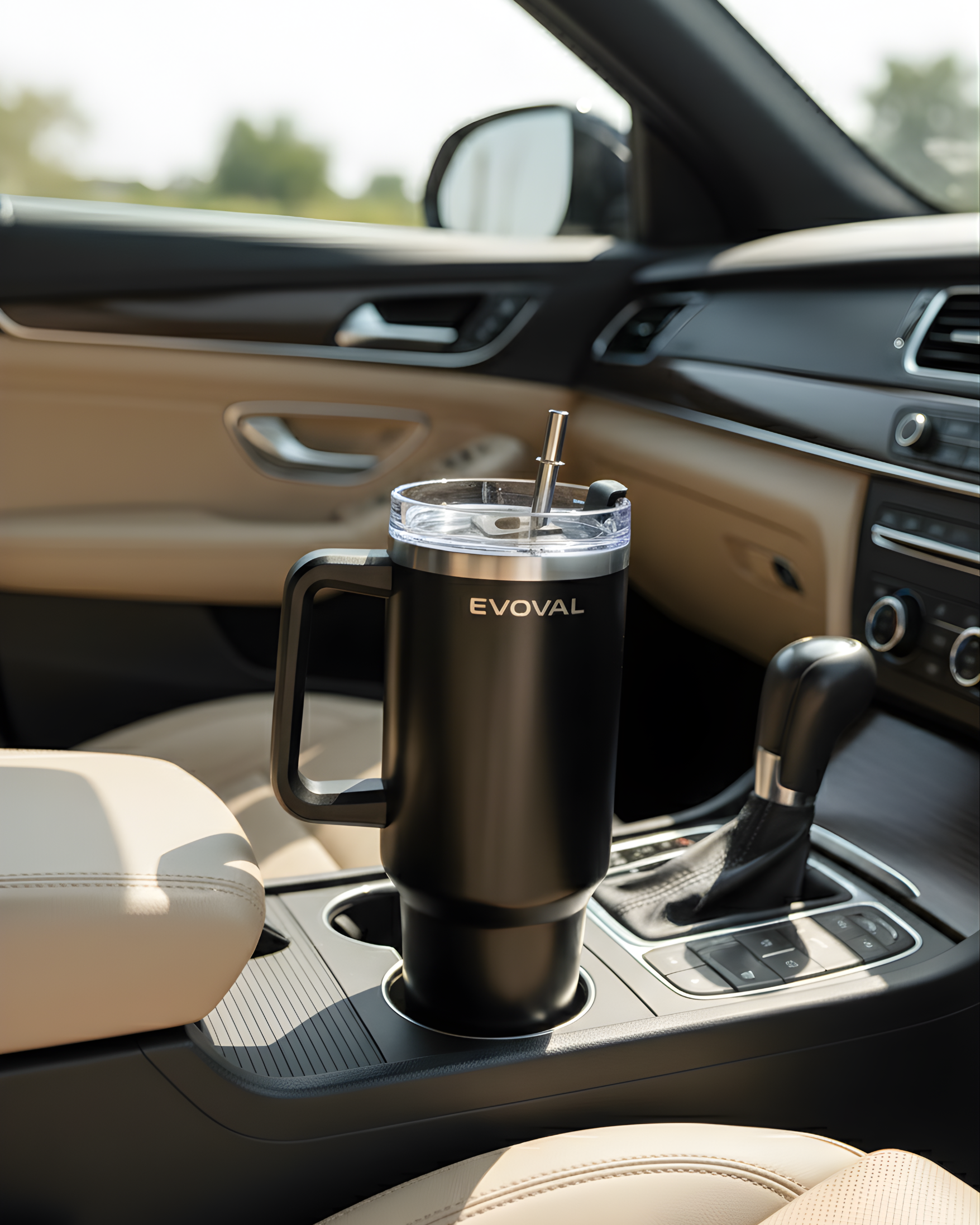 EVOVAL Cruise 1200ml Stainless Steel Insulated Travel Tumbler with Handle & Metal Straw | Double Wall Vacuum Flask | Hot & Cold | Leakproof, Matte Black Mug for Office, Gym, Car