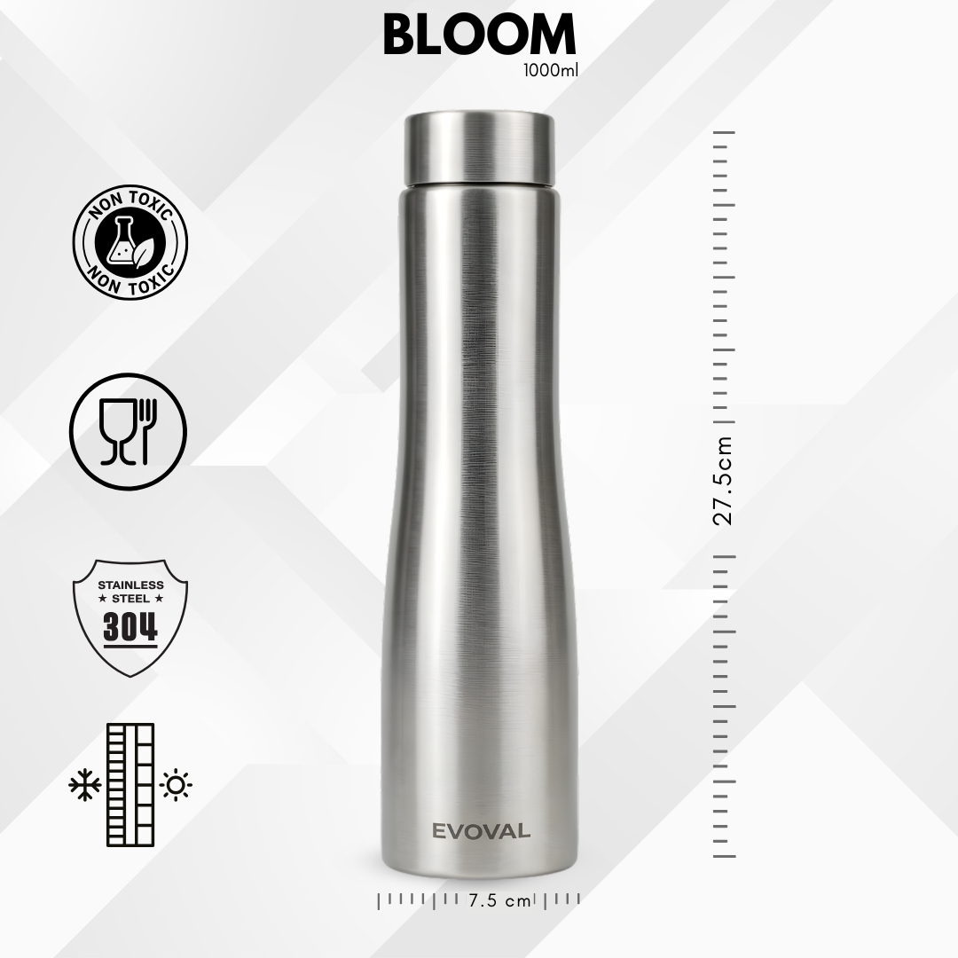 Evoval Bloom 1000 ml (Silver) | Stainless Steel Single Wall Water Bottle | Leak-Proof, BPA-Free