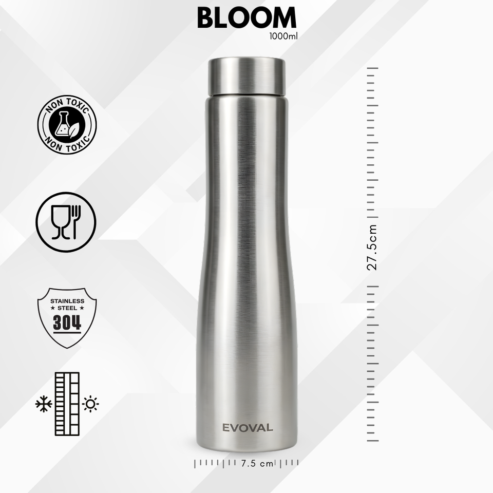 Evoval Bloom 1000 ml (Silver) | Stainless Steel Single Wall Water Bottle | Leak-Proof, BPA-Free