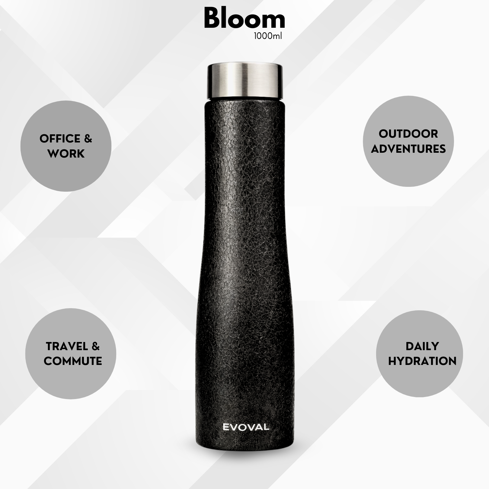 EVOVAL Bloom 1000ml (Crackle Black) | Single Wall Stainless Steel Fridge Water Bottle | Lightweight, Leak-Proof | Ideal for Home, Office, Gym, Travel