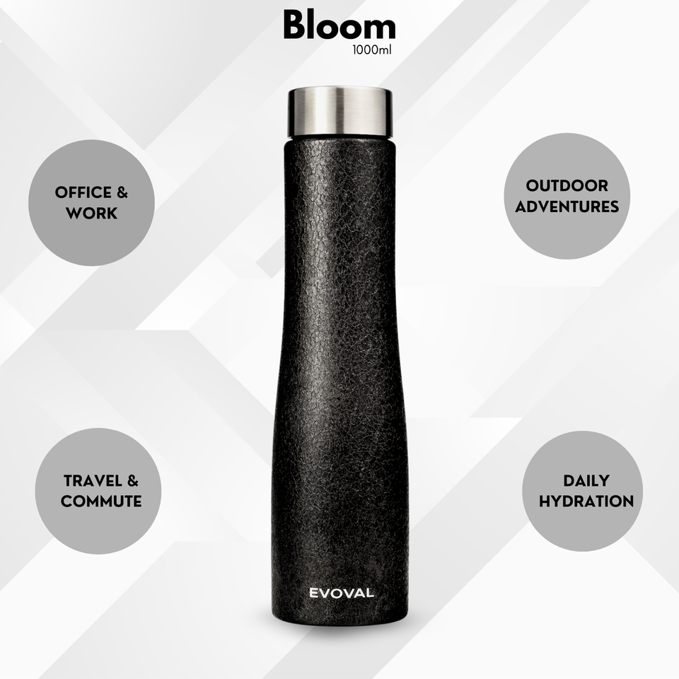 EVOVAL Bloom 1000ml (Crackle Black) | Single Wall Stainless Steel Fridge Water Bottle | Lightweight, Leak-Proof | Ideal for Home, Office, Gym, Travel