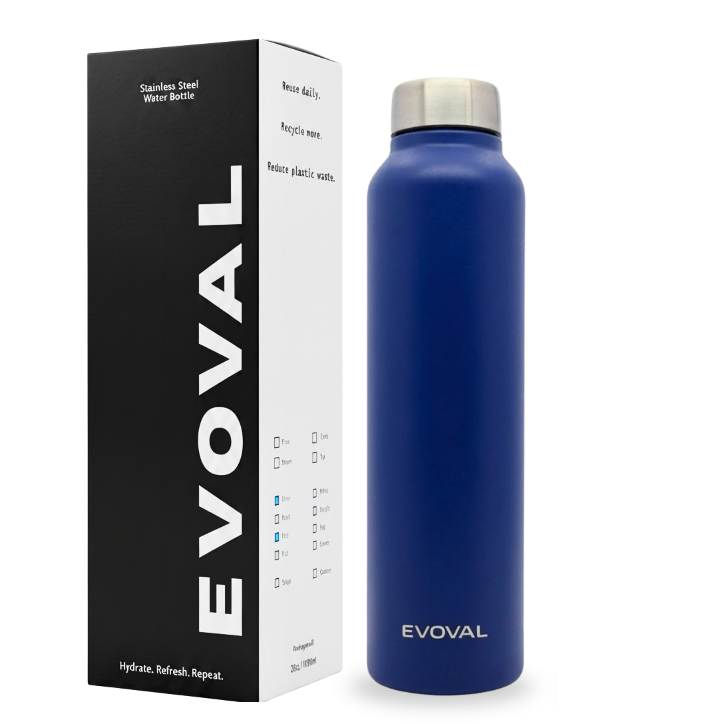 EVOVAL CORE 1000 ml (Blue) | Stainless Steel Water Bottle, Leak-Proof, Reusable, Single Wall Metal Bottle for Office, Gym, Travel & School