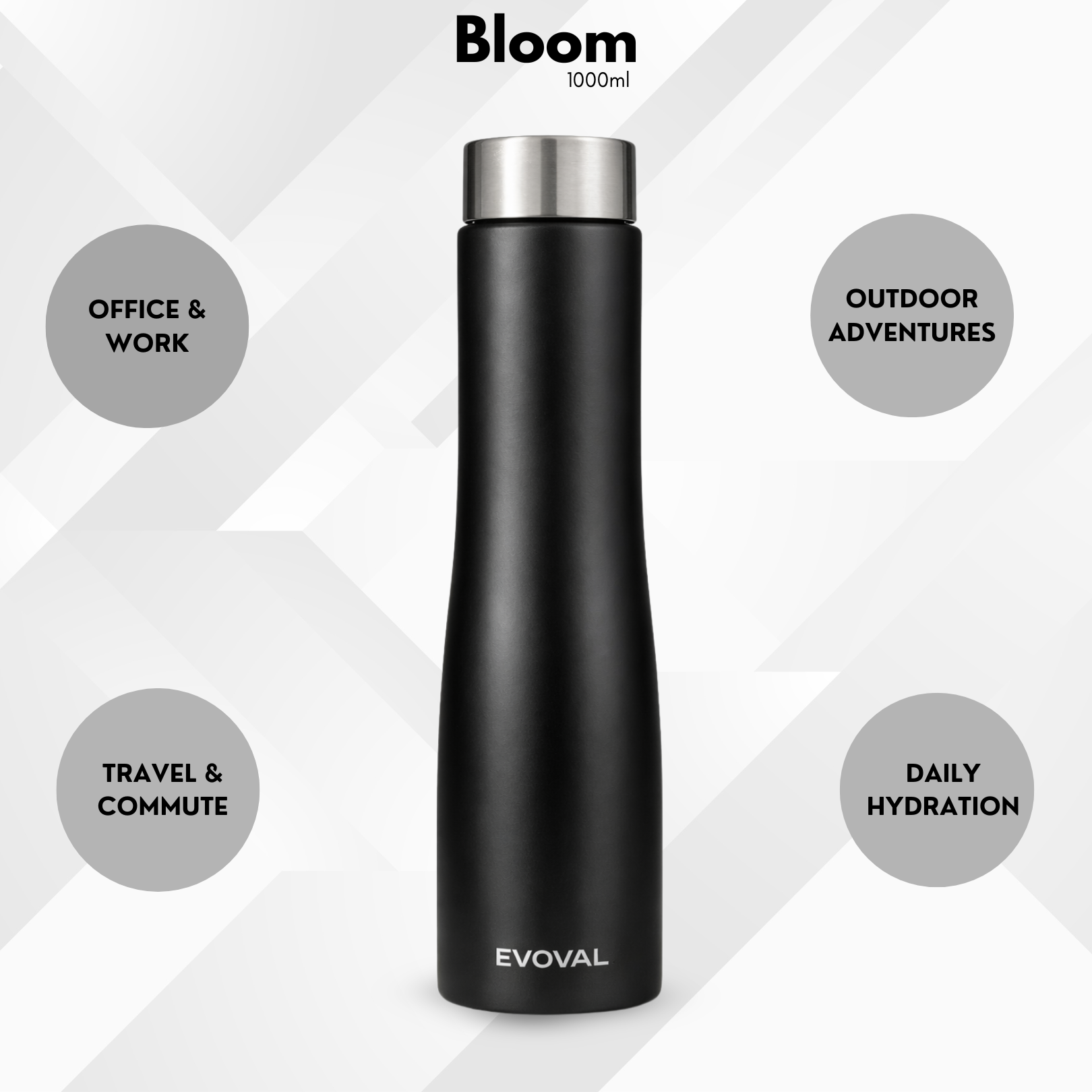 EVOVAL Bloom 1000ml (Black) | Single Wall Stainless Steel Fridge Water Bottle | Lightweight, Leak-Proof | Ideal for Home, Office, Gym, Travel