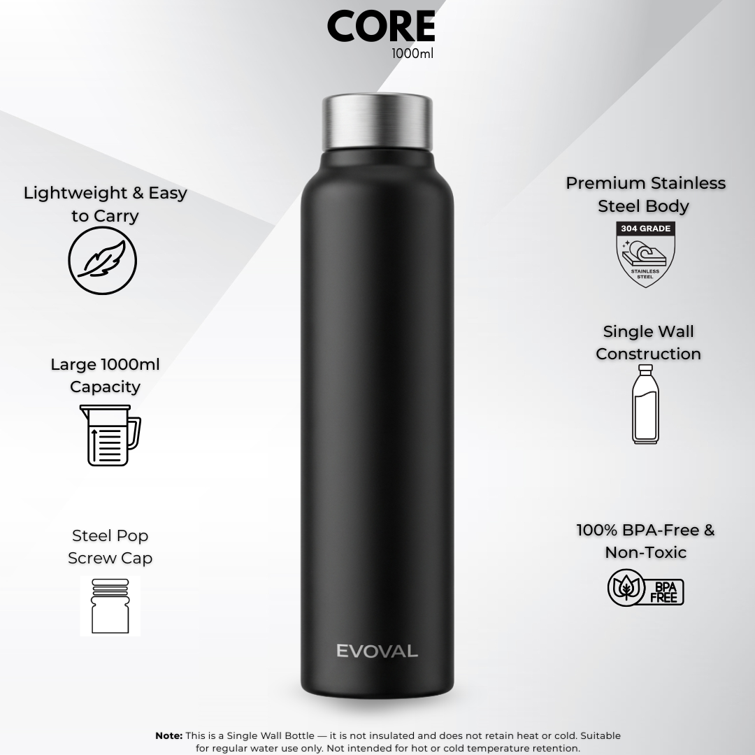 EVOVAL CORE 1000 ml (Black) | Stainless Steel Water Bottle, Leak-Proof, Reusable, Single Wall Metal Bottle for Office, Gym, Travel & School