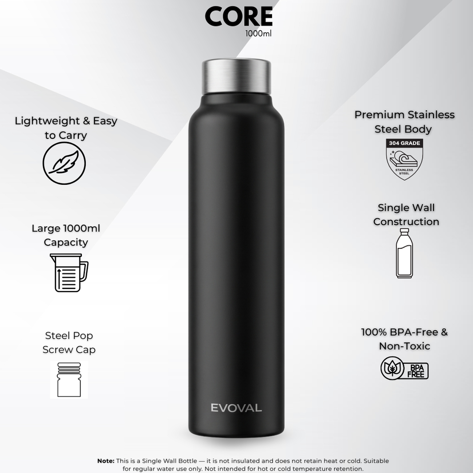 EVOVAL CORE 1000 ml (Black) | Stainless Steel Water Bottle, Leak-Proof, Reusable, Single Wall Metal Bottle for Office, Gym, Travel & School