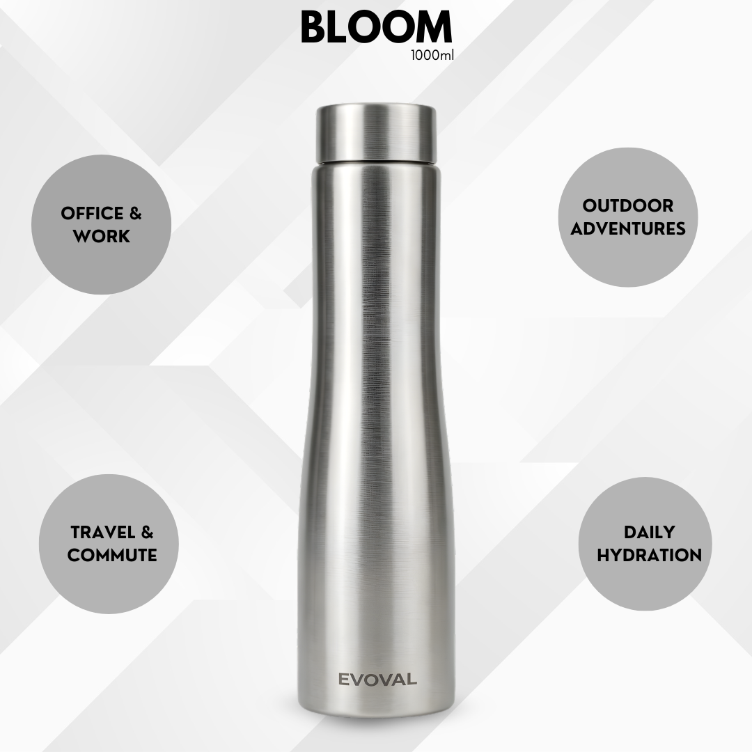 Evoval Bloom 1000 ml (Silver) | Stainless Steel Single Wall Water Bottle | Leak-Proof, BPA-Free