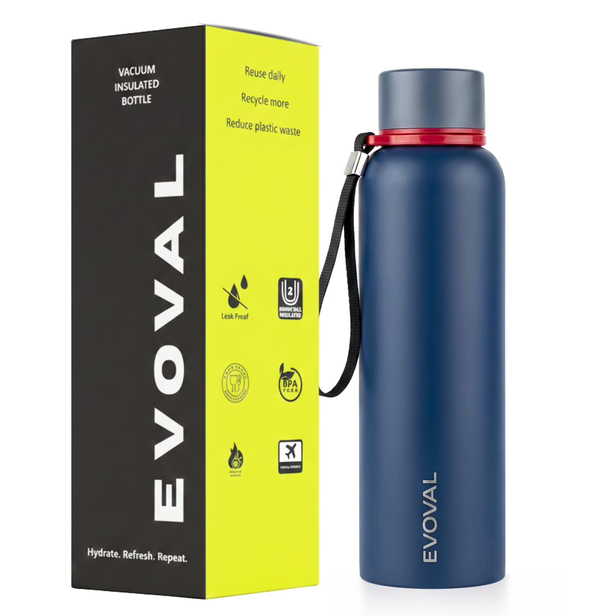 FORGE 750ml | Stainless Steel Water Bottle, Double Wall Vacuum Insulated Bottle, 304 Stainless Steel, Leak Proof, Anti-Skid Base with Carry Strap