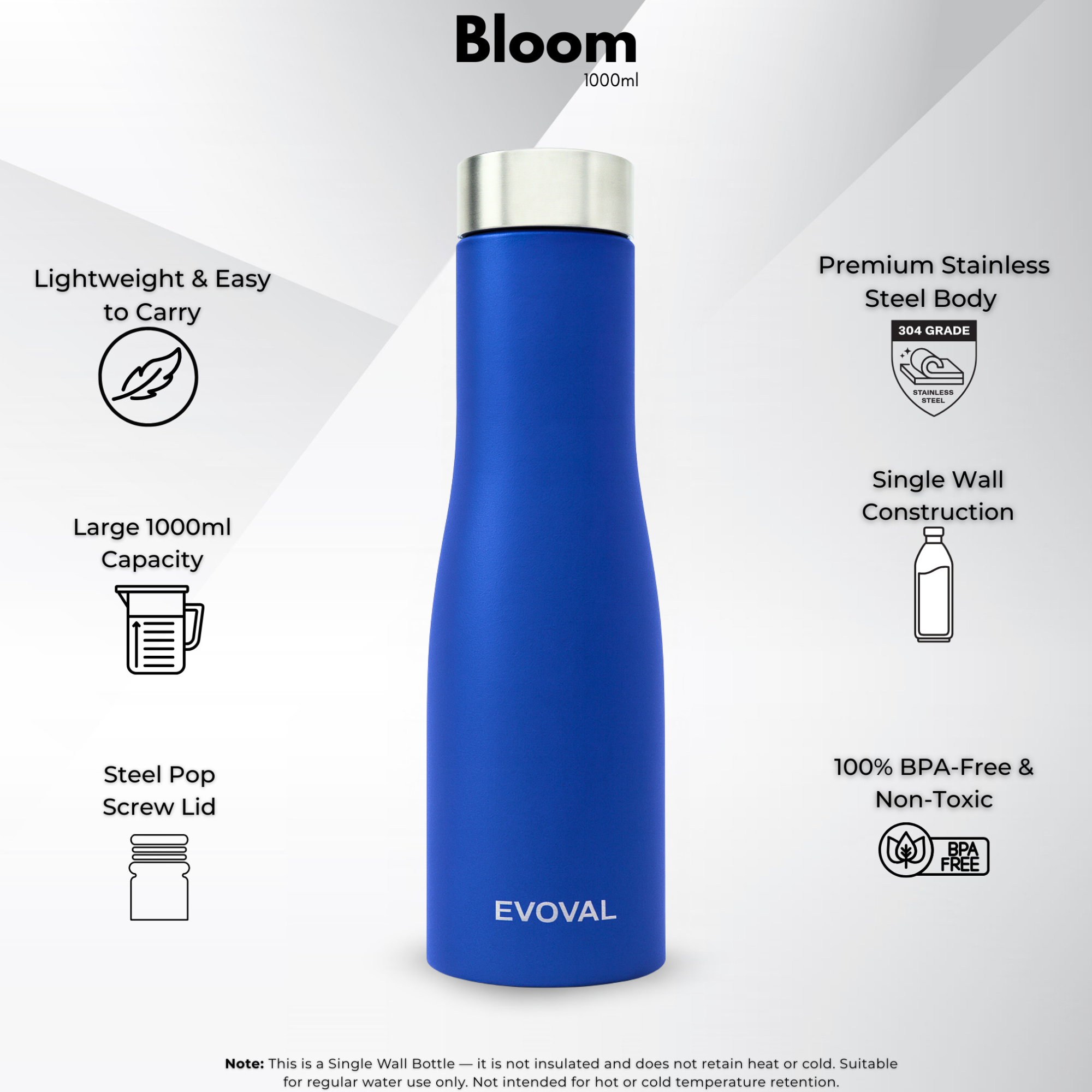 Evoval Bloom 1000 ml Stainless Steel Water Bottle (Blue) | Single Wall | Matte Finish | Leak-Proof | BPA-Free