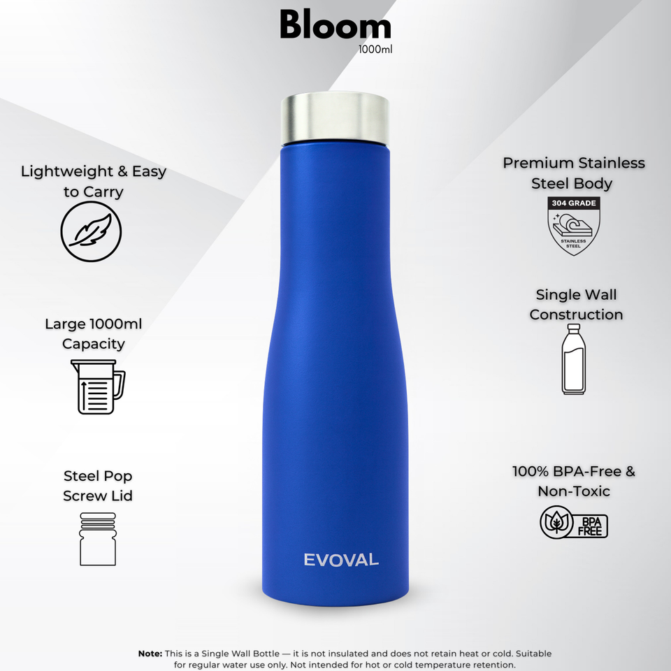 Evoval Bloom 1000 ml Stainless Steel Water Bottle (Blue) | Single Wall | Matte Finish | Leak-Proof | BPA-Free