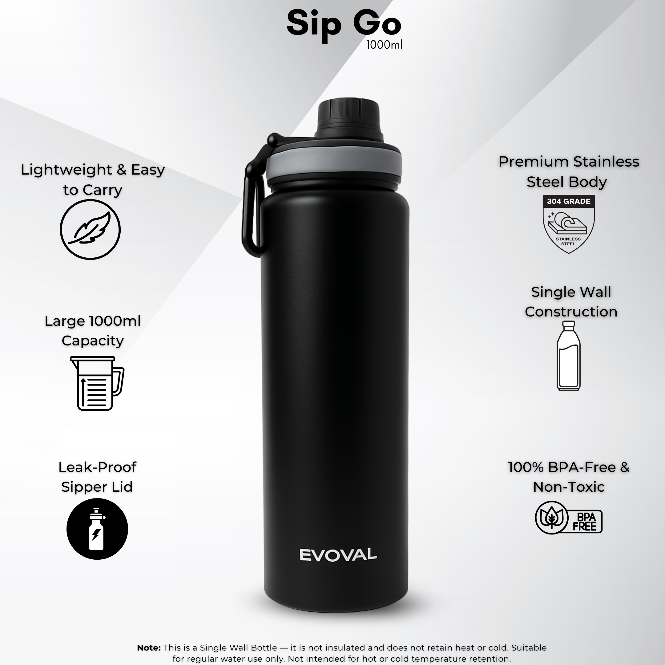 EVOVAL SIP GO 1000ml Stainless Steel Single Wall Water Bottle (Matte Black) | Sports Bottle for Gym, Office & Outdoor Use