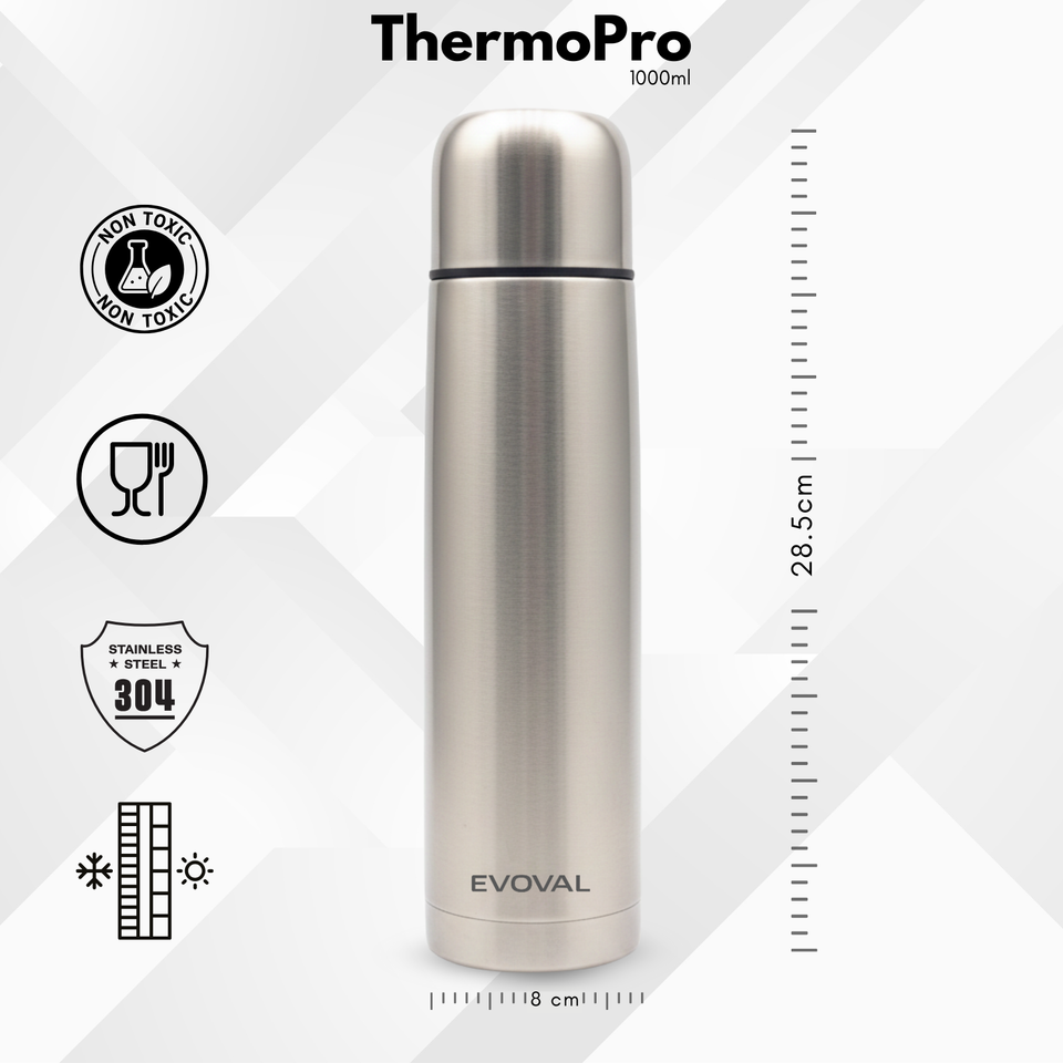 EVOVAL ThermoPro Stainless Steel Vacuum Insulated Thermos Flask 1000ml | Hot & Cold Water Bottle, Leakproof Double Wall Steel Bottle for Office, Travel & Home
