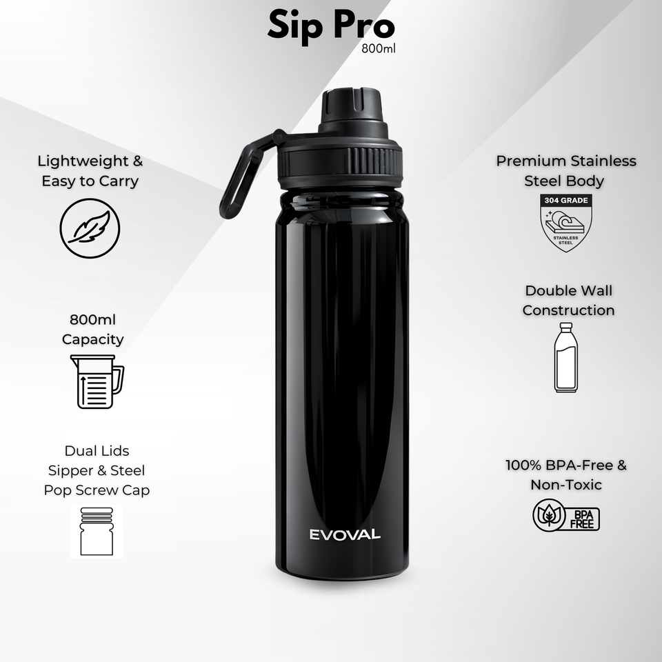 EVOVAL SIP PRO 800ml Stainless Steel Insulated Water Bottle | Sports Bottle for Gym, Office & Outdoor Use