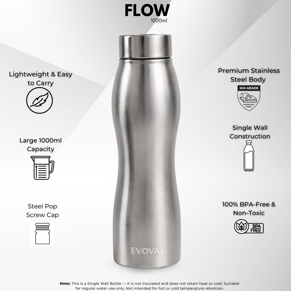 EVOVAL Flow 1000 ml (Silver) | Stainless Steel Water Bottle | Single Wall, Lightweight & Leakproof