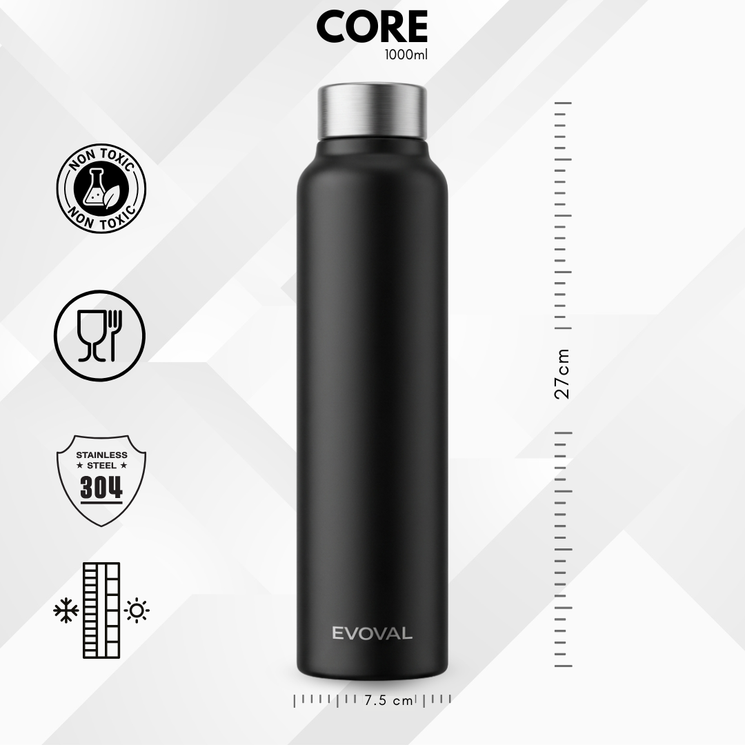EVOVAL CORE 1000 ml (Black) | Stainless Steel Water Bottle, Leak-Proof, Reusable, Single Wall Metal Bottle for Office, Gym, Travel & School