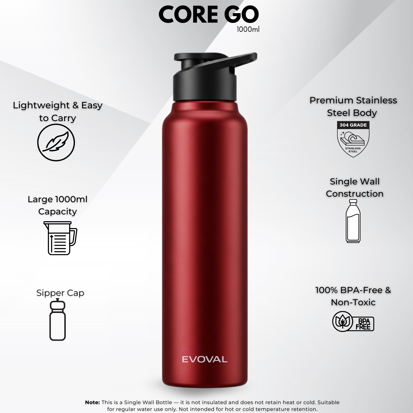 EVOVAL Core Go 1000ml (Red) | Single Wall Stainless Steel Water Bottle | Lightweight, Fridge-Friendly, Leak-Proof, Rust-Free