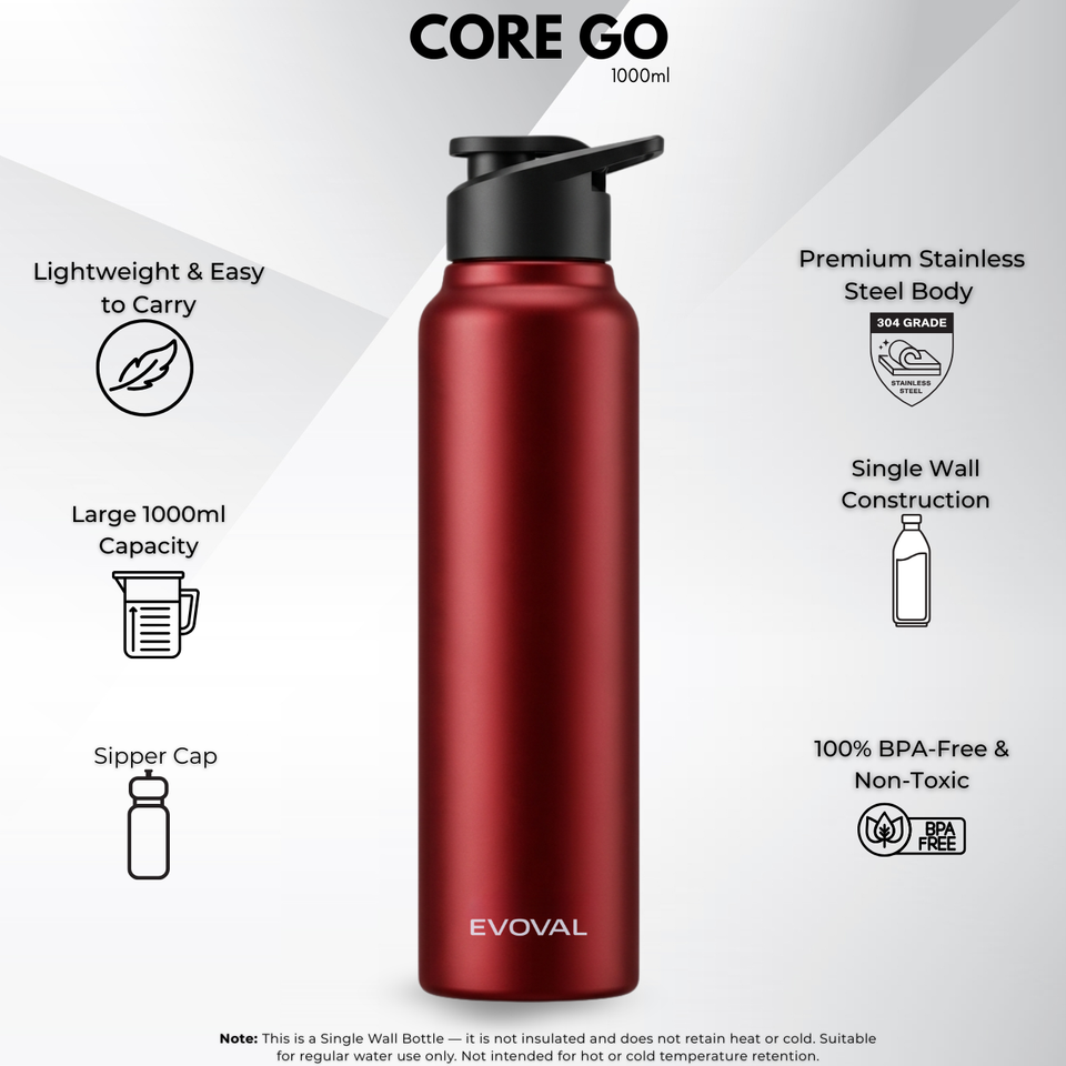 EVOVAL Core Go 1000ml (Red) | Single Wall Stainless Steel Water Bottle | Lightweight, Fridge-Friendly, Leak-Proof, Rust-Free