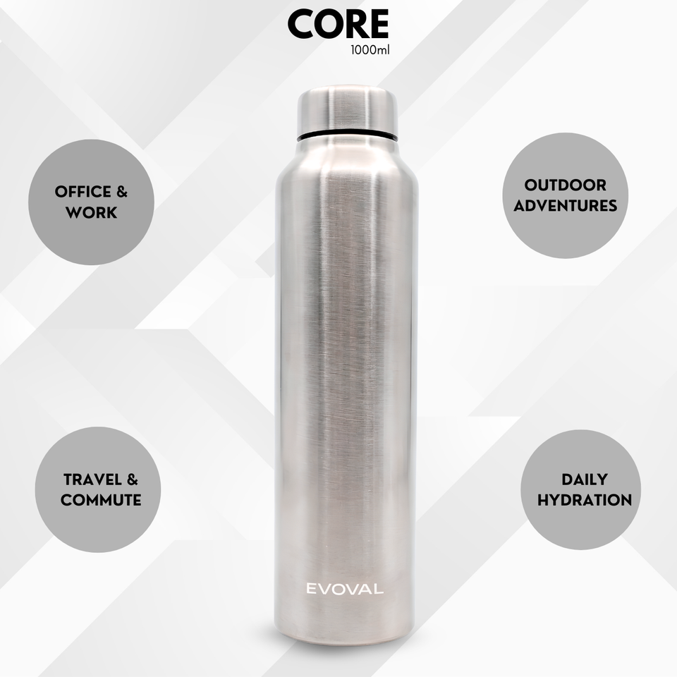 EVOVAL CORE 1000 ml (Silver) | Stainless Steel Water Bottle, Leak-Proof, Reusable, Single Wall Metal Bottle for Office, Gym, Travel & School
