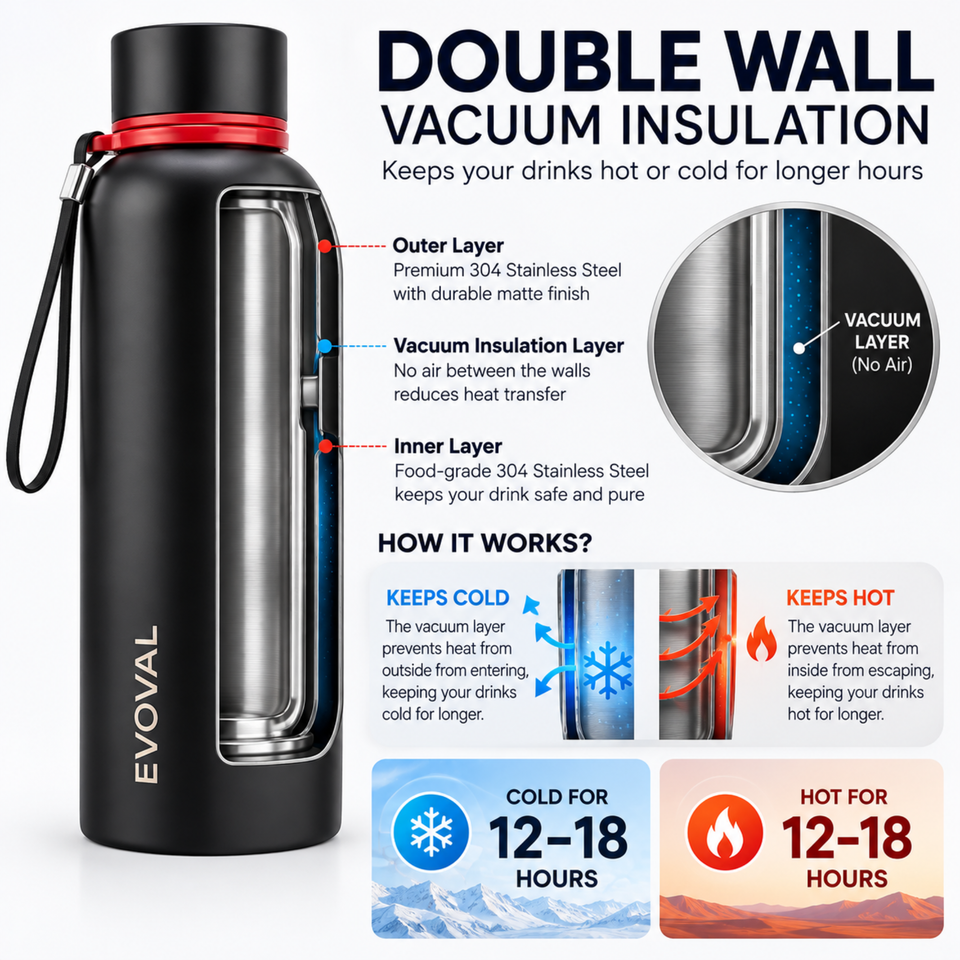 FORGE 750ml | Stainless Steel Water Bottle, Double Wall Vacuum Insulated Bottle, 304 Stainless Steel, Leak Proof, Anti-Skid Base with Carry Strap