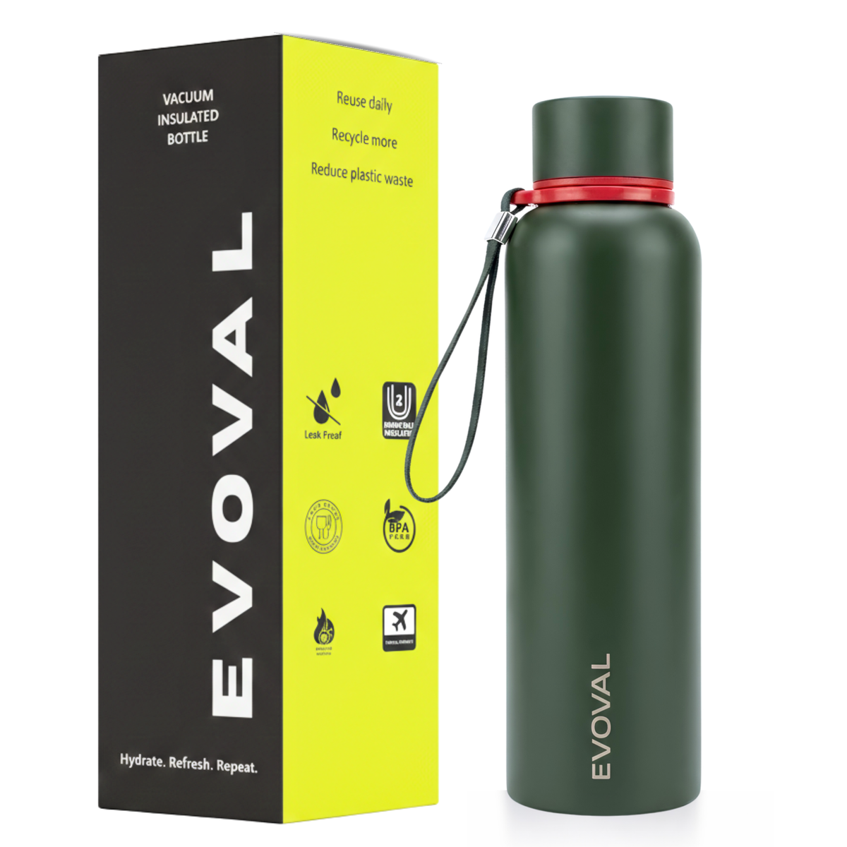 FORGE 750ml | Stainless Steel Water Bottle, Double Wall Vacuum Insulated Bottle, 304 Stainless Steel, Leak Proof, Anti-Skid Base with Carry Strap