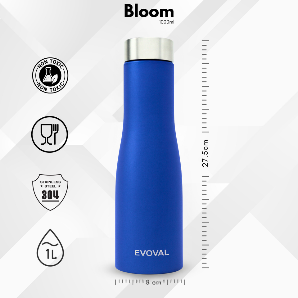 Evoval Bloom 1000 ml Stainless Steel Water Bottle (Blue) | Single Wall | Matte Finish | Leak-Proof | BPA-Free
