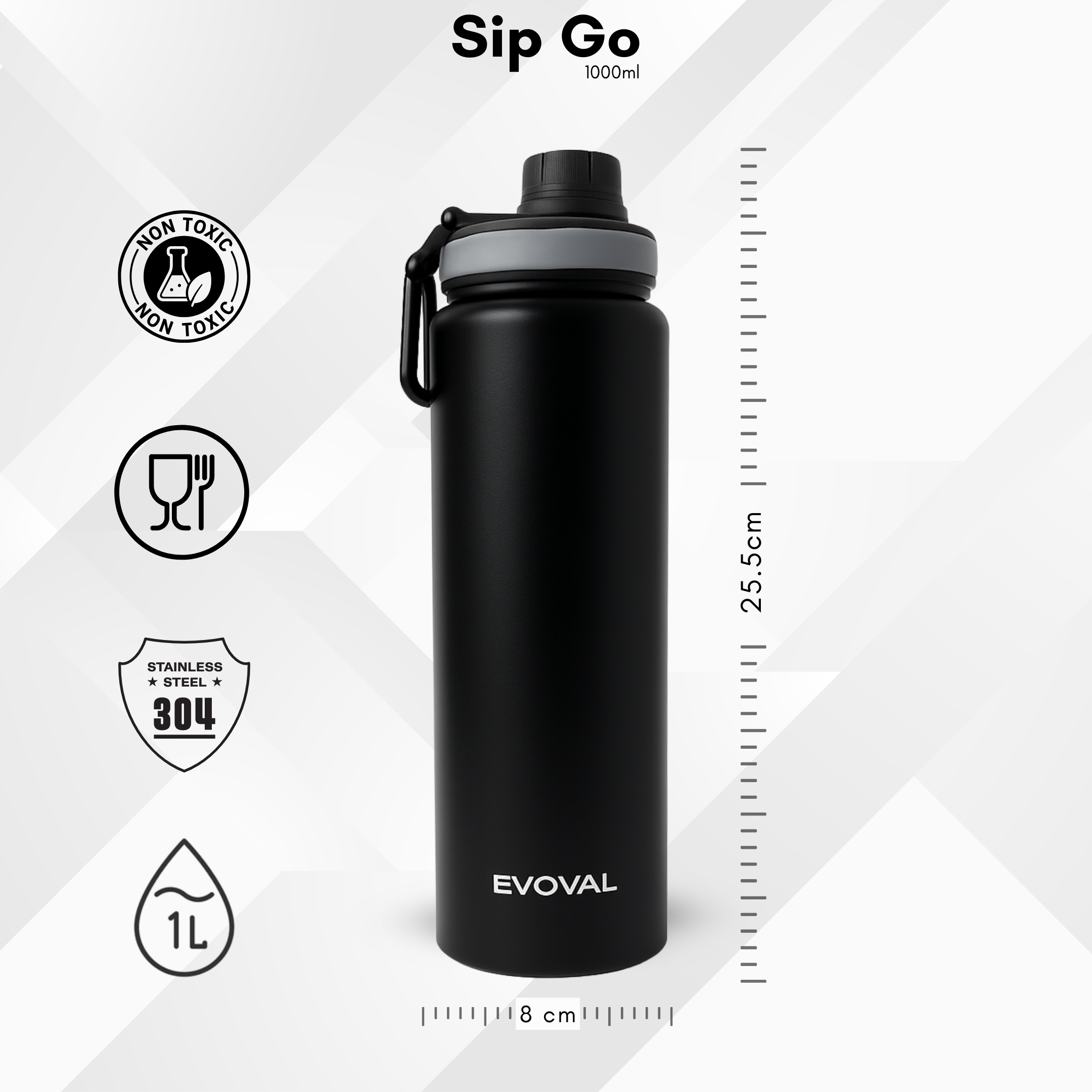 EVOVAL SIP GO 1000ml Stainless Steel Single Wall Water Bottle (Matte Black) | Sports Bottle for Gym, Office & Outdoor Use