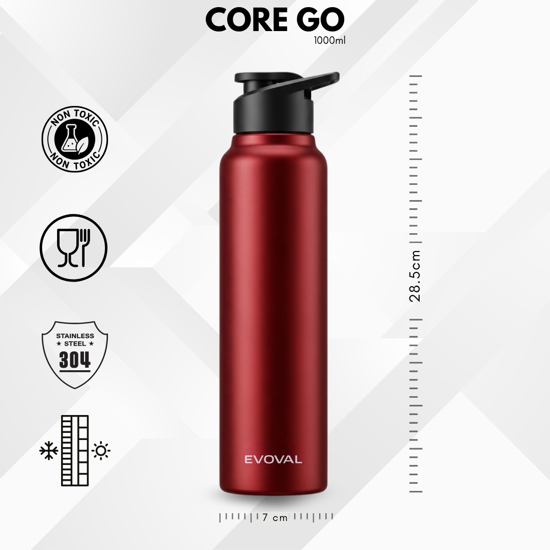 EVOVAL Core Go 1000ml (Red) | Single Wall Stainless Steel Water Bottle | Lightweight, Fridge-Friendly, Leak-Proof, Rust-Free