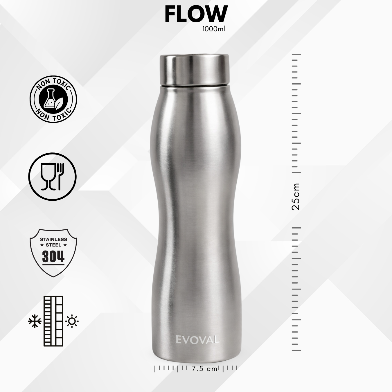 EVOVAL Flow 1000 ml (Silver) | Stainless Steel Water Bottle | Single Wall, Lightweight & Leakproof