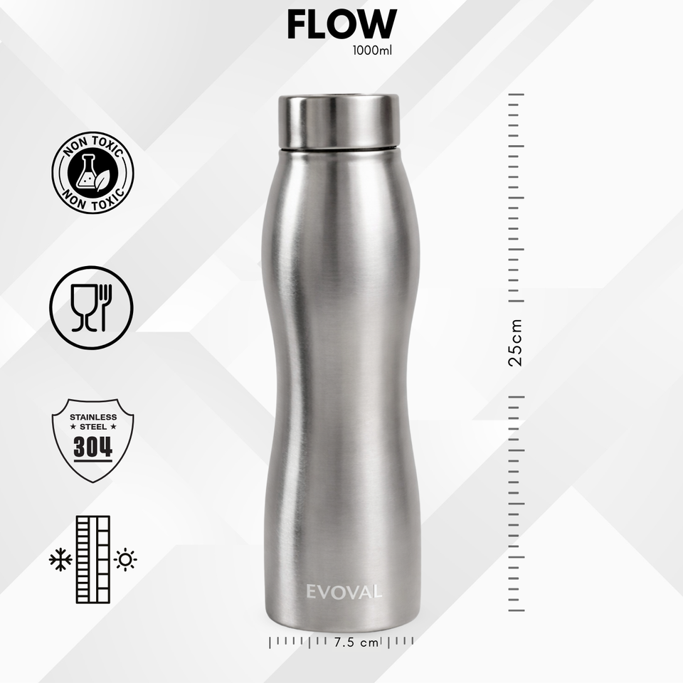 EVOVAL Flow 1000 ml (Silver) | Stainless Steel Water Bottle | Single Wall, Lightweight & Leakproof