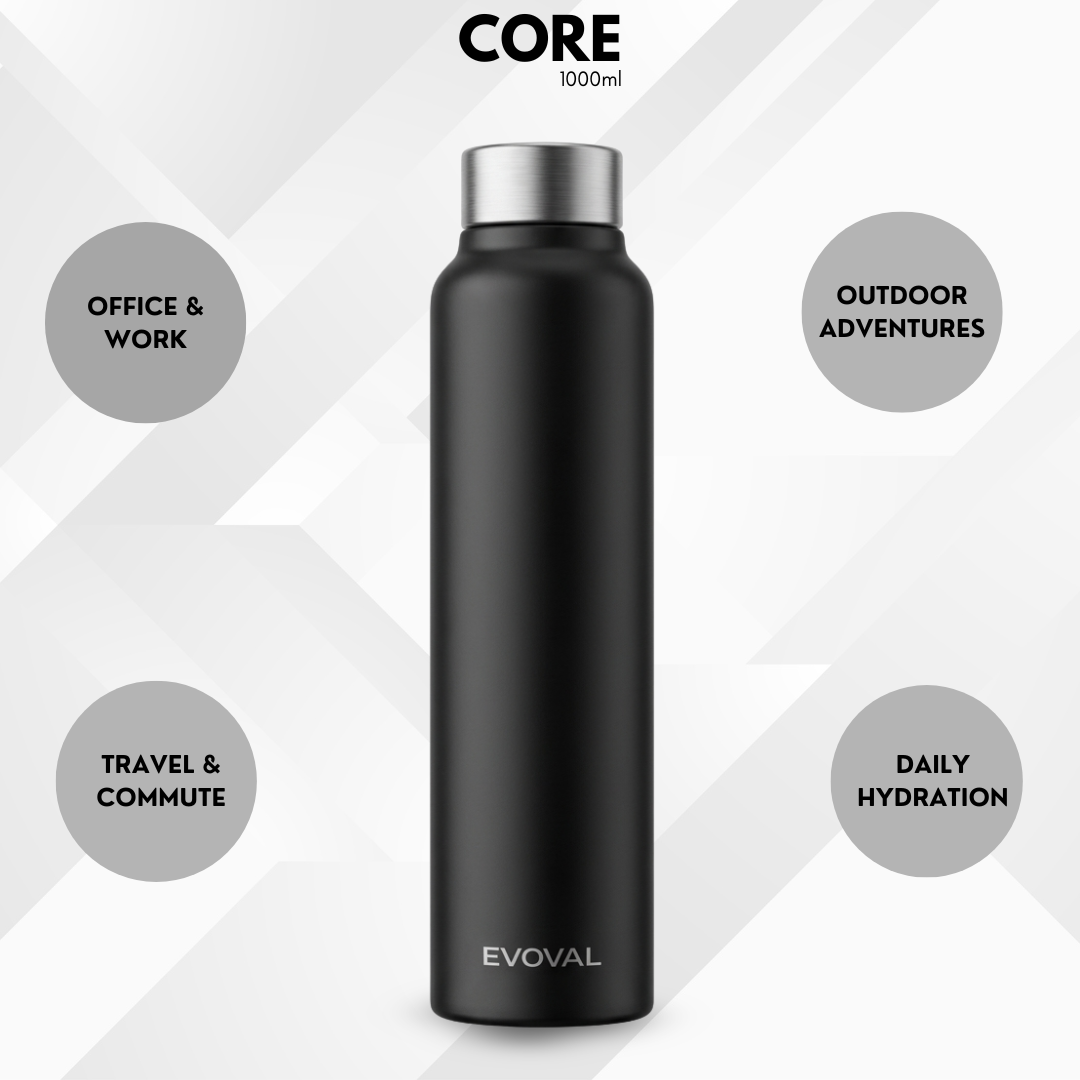 EVOVAL CORE 1000 ml (Black) | Stainless Steel Water Bottle, Leak-Proof, Reusable, Single Wall Metal Bottle for Office, Gym, Travel & School