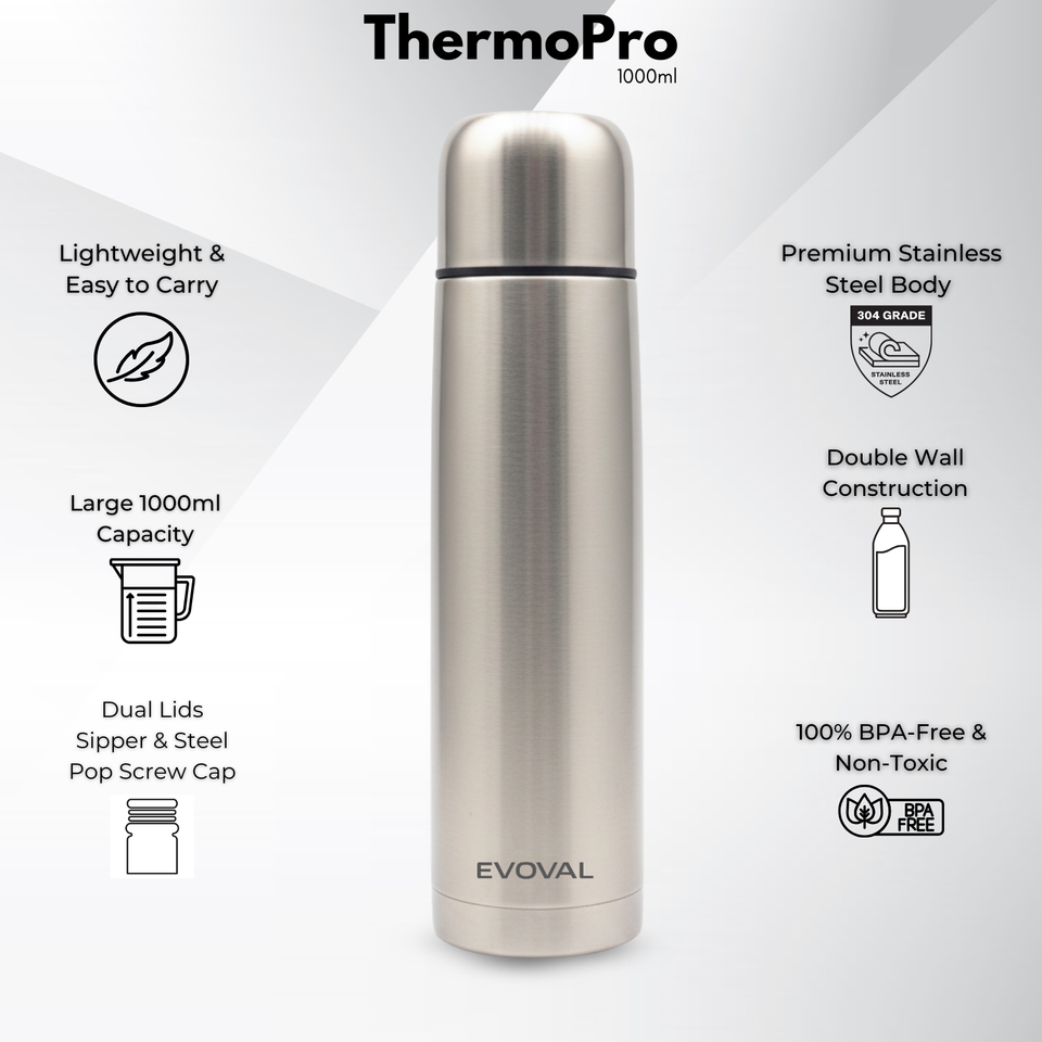 EVOVAL ThermoPro Stainless Steel Vacuum Insulated Thermos Flask 1000ml | Hot & Cold Water Bottle, Leakproof Double Wall Steel Bottle for Office, Travel & Home