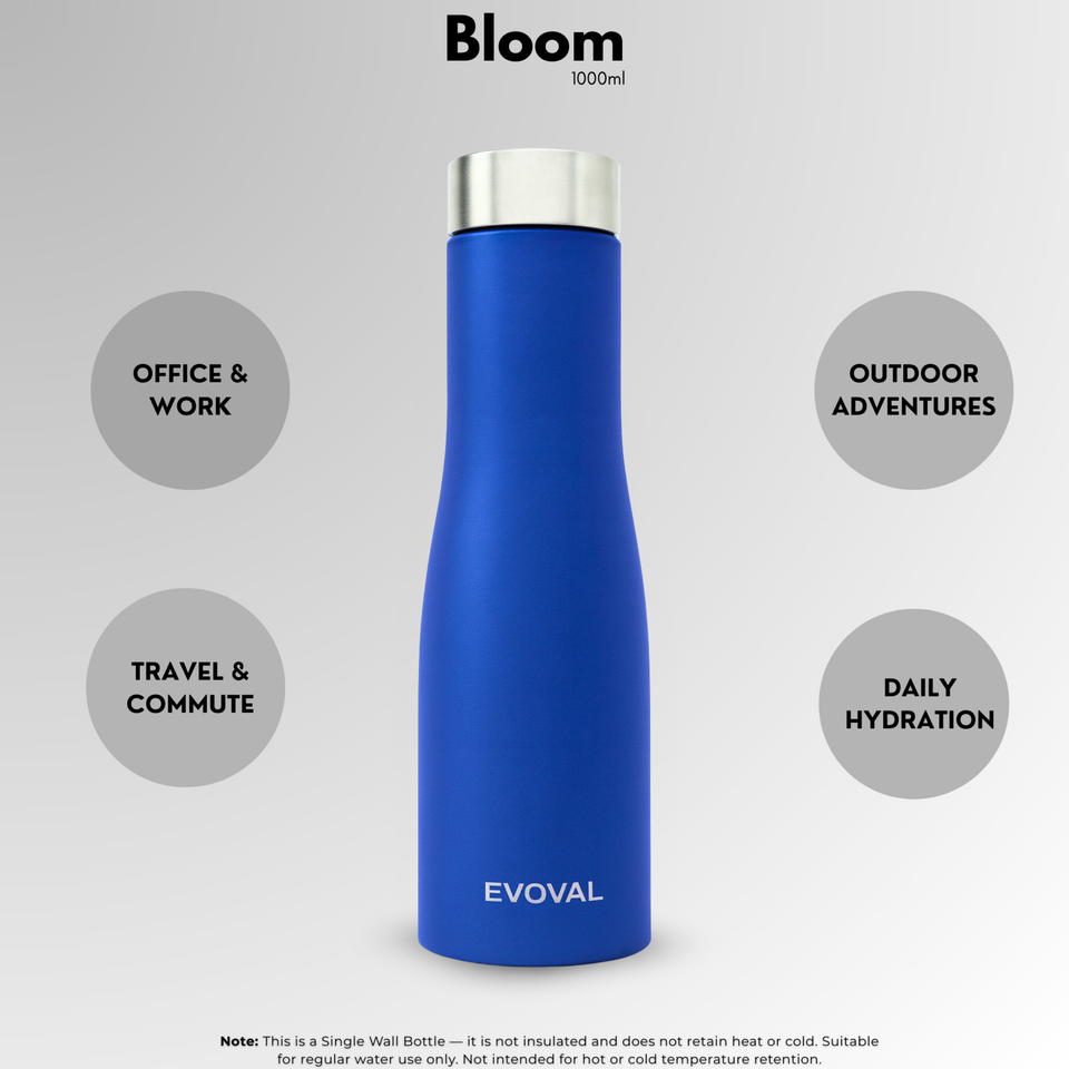 Evoval Bloom 1000 ml Stainless Steel Water Bottle (Blue) | Single Wall | Matte Finish | Leak-Proof | BPA-Free