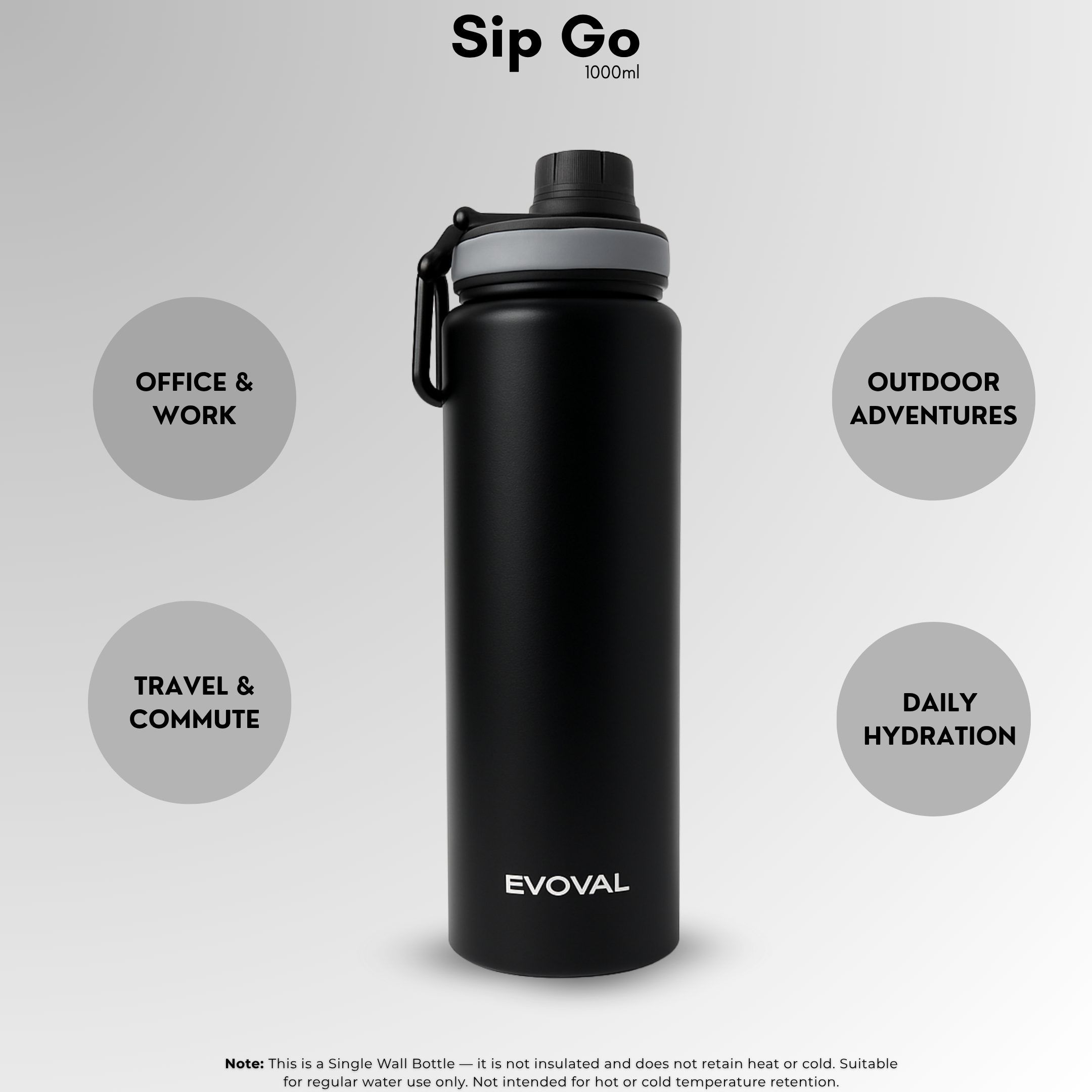 EVOVAL SIP GO 1000ml Stainless Steel Single Wall Water Bottle (Matte Black) | Sports Bottle for Gym, Office & Outdoor Use