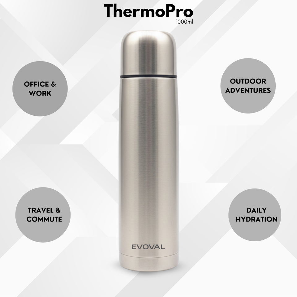 EVOVAL ThermoPro Stainless Steel Vacuum Insulated Thermos Flask 1000ml | Hot & Cold Water Bottle, Leakproof Double Wall Steel Bottle for Office, Travel & Home