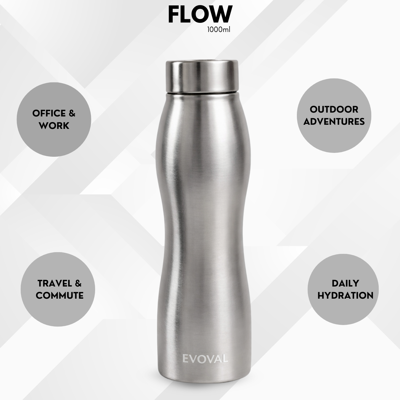EVOVAL Flow 1000 ml (Silver) | Stainless Steel Water Bottle | Single Wall, Lightweight & Leakproof