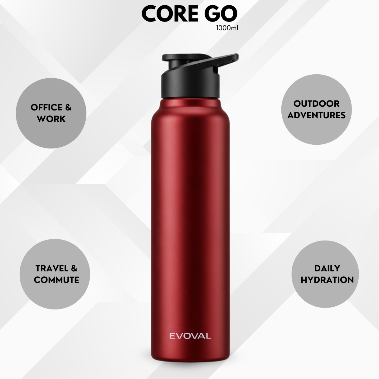 EVOVAL Core Go 1000ml (Red) | Single Wall Stainless Steel Water Bottle | Lightweight, Fridge-Friendly, Leak-Proof, Rust-Free