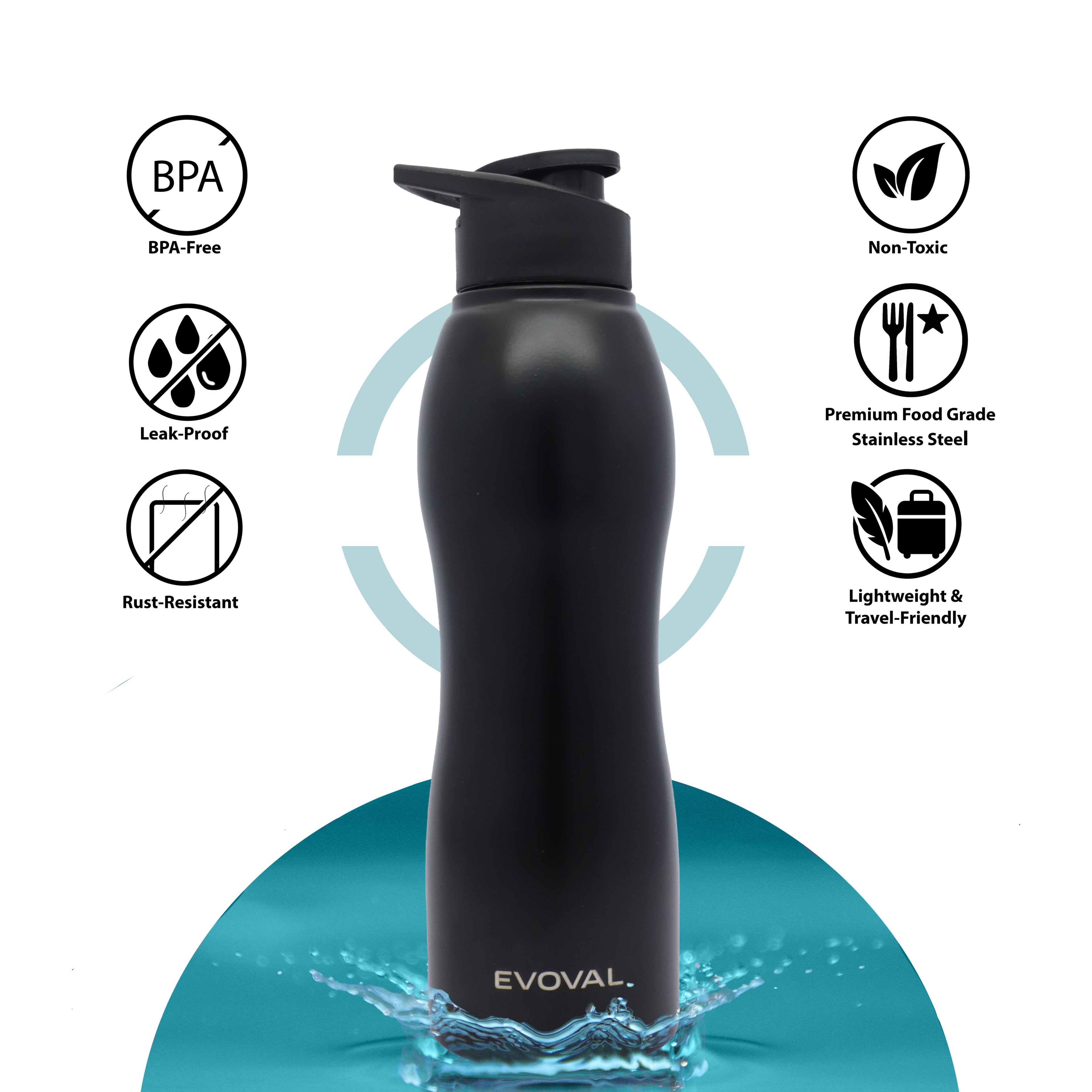 EVOVAL FLOW Stainless Steel Water Bottle 1000 ml | Single Wall, Lightweight & Leakproof (BLACK)
