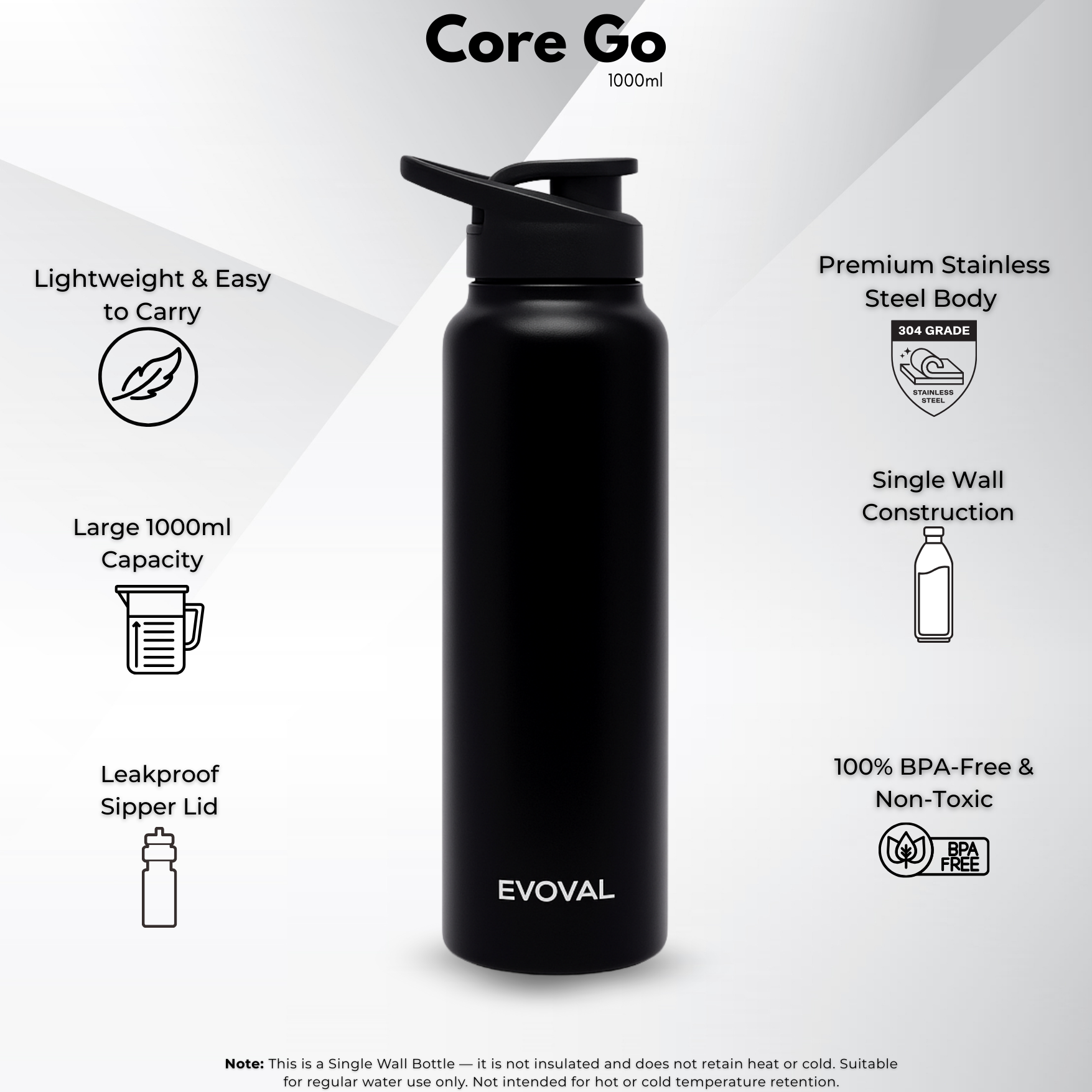 EVOVAL Core Go 1000ml (Black) | Single Wall Stainless Steel Water Bottle | Lightweight, Fridge-Friendly, Leak-Proof, Rust-Free