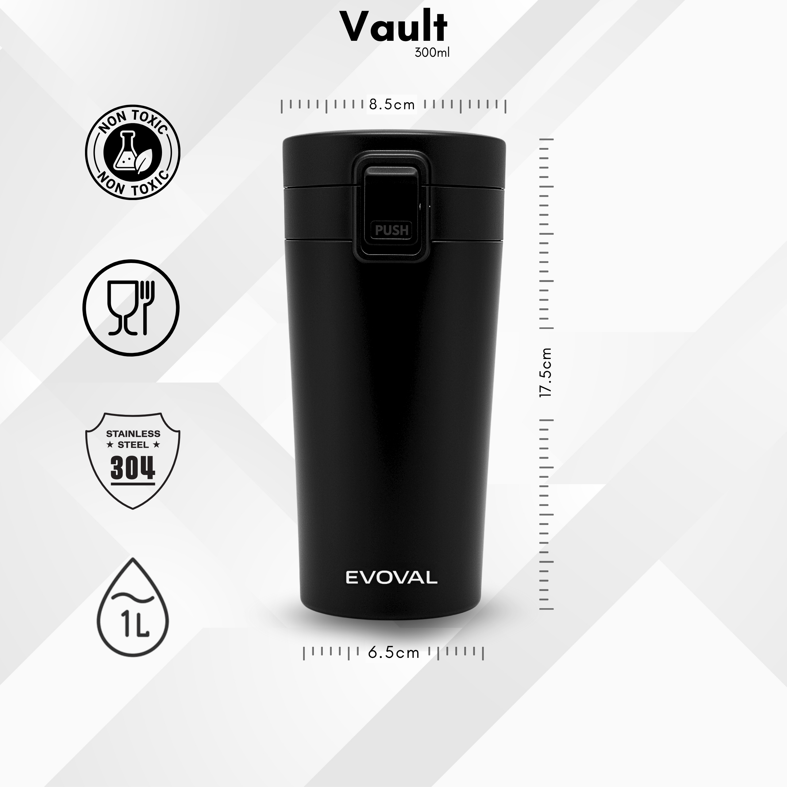 EVOVAL Vault 300ml Insulated Tumbler | Leakproof Coffee Mug | Stainless Steel Travel Flask with Lock Lid | Double Wall Vacuum Cup for Hot & Cold Beverages (Matte Black)