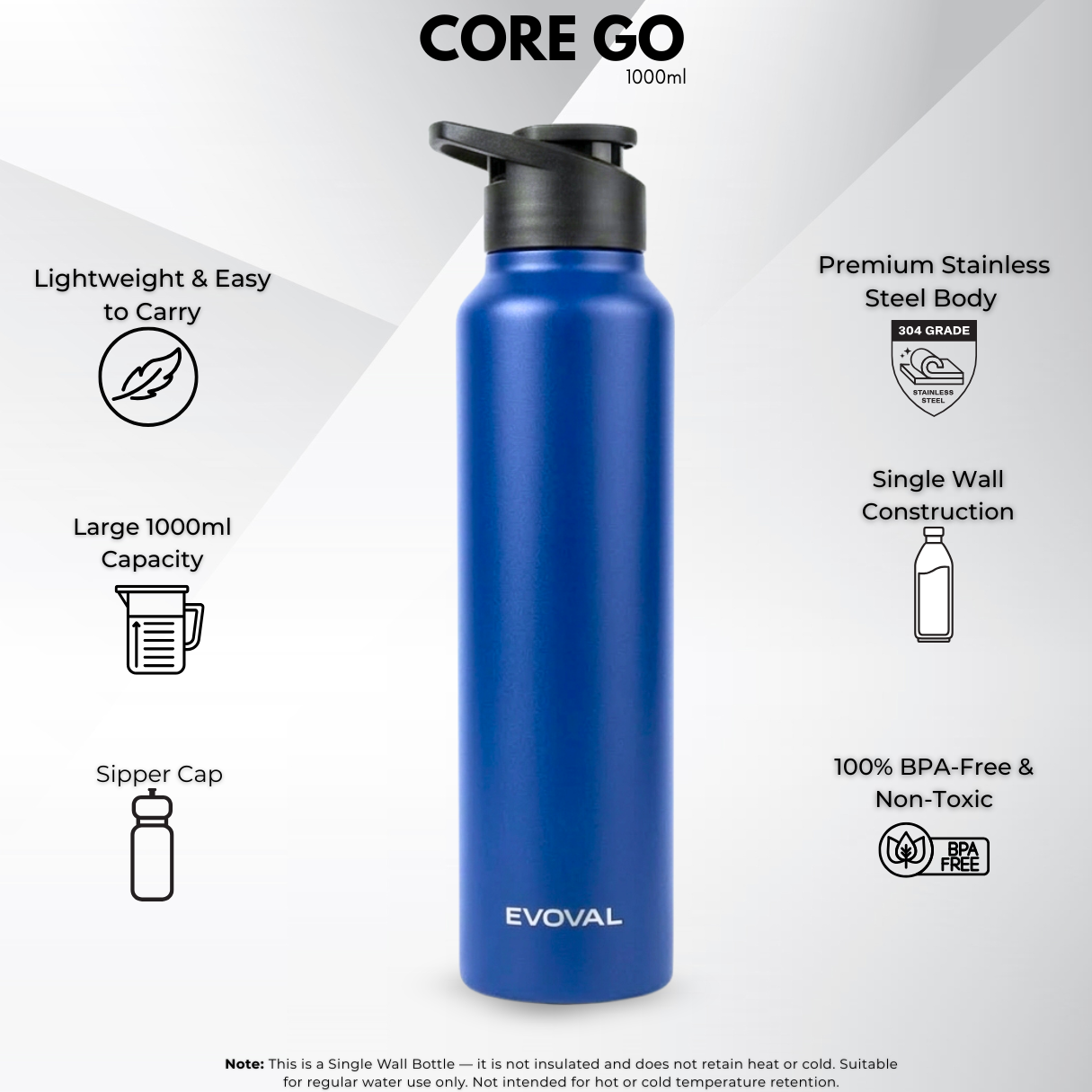 EVOVAL Core Go 1000ml (Blue) | Single Wall Stainless Steel Water Bottle | Lightweight, Fridge-Friendly, Leak-Proof, Rust-Free