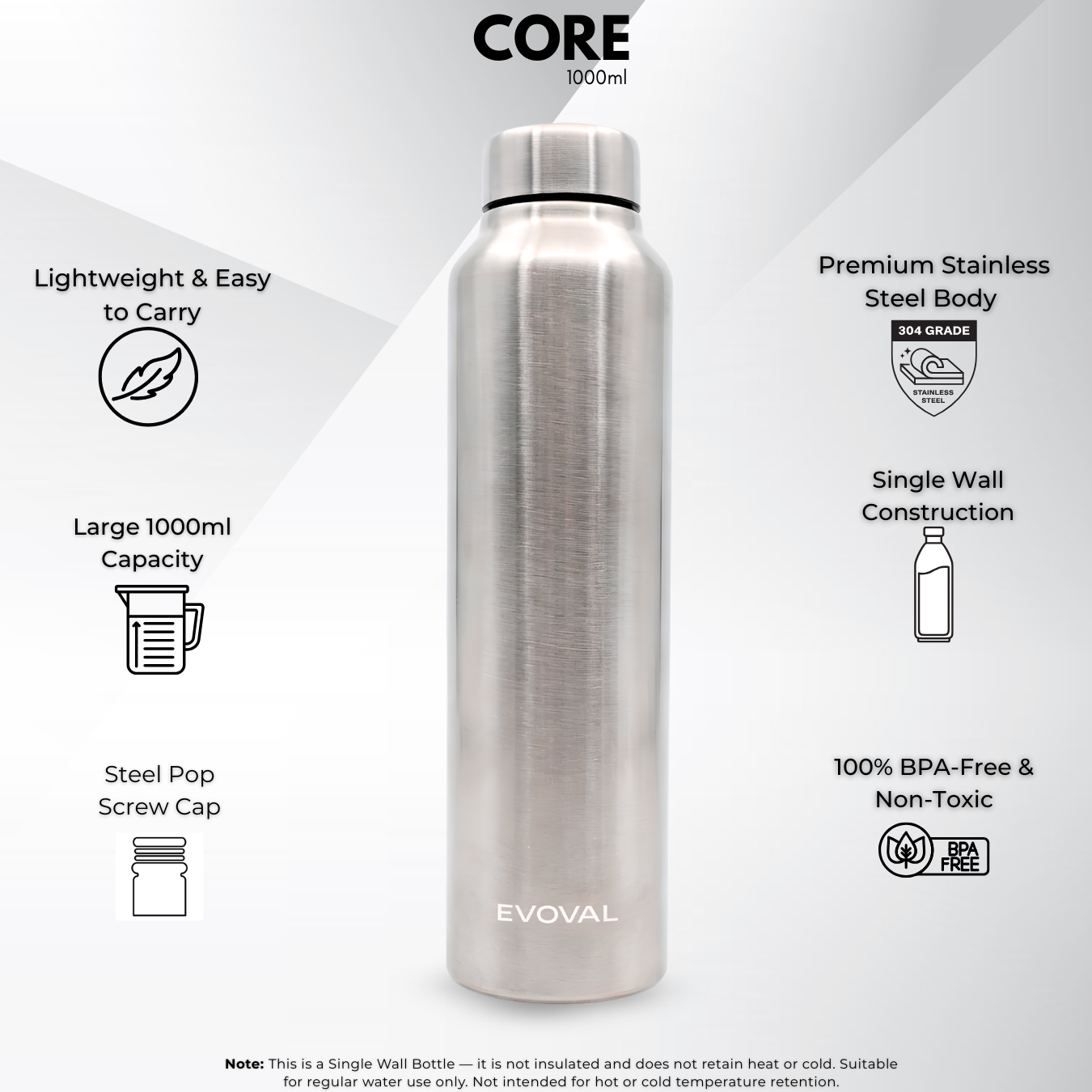 EVOVAL CORE 1000 ml (Silver) | Stainless Steel Water Bottle, Leak-Proof, Reusable, Single Wall Metal Bottle for Office, Gym, Travel & School