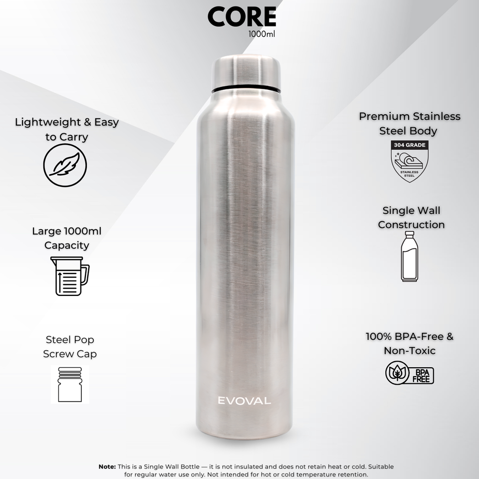 EVOVAL CORE 1000 ml (Silver) | Stainless Steel Water Bottle, Leak-Proof, Reusable, Single Wall Metal Bottle for Office, Gym, Travel & School