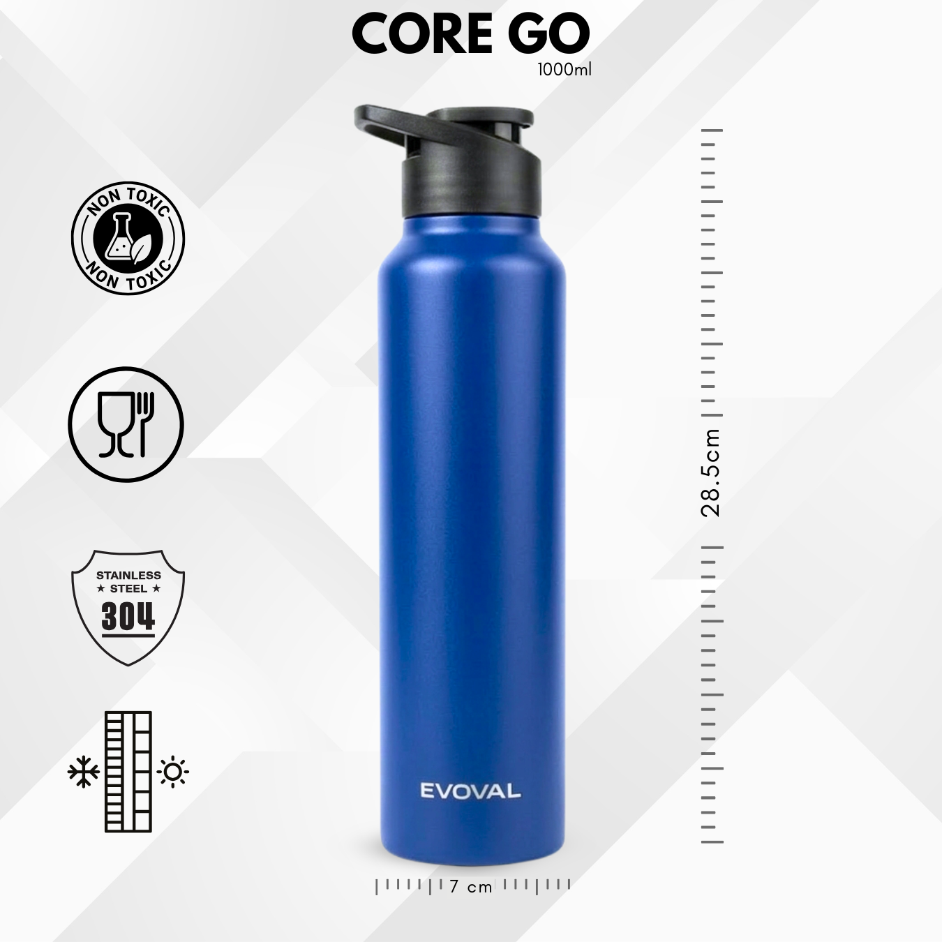 EVOVAL Core Go 1000ml (Blue) | Single Wall Stainless Steel Water Bottle | Lightweight, Fridge-Friendly, Leak-Proof, Rust-Free