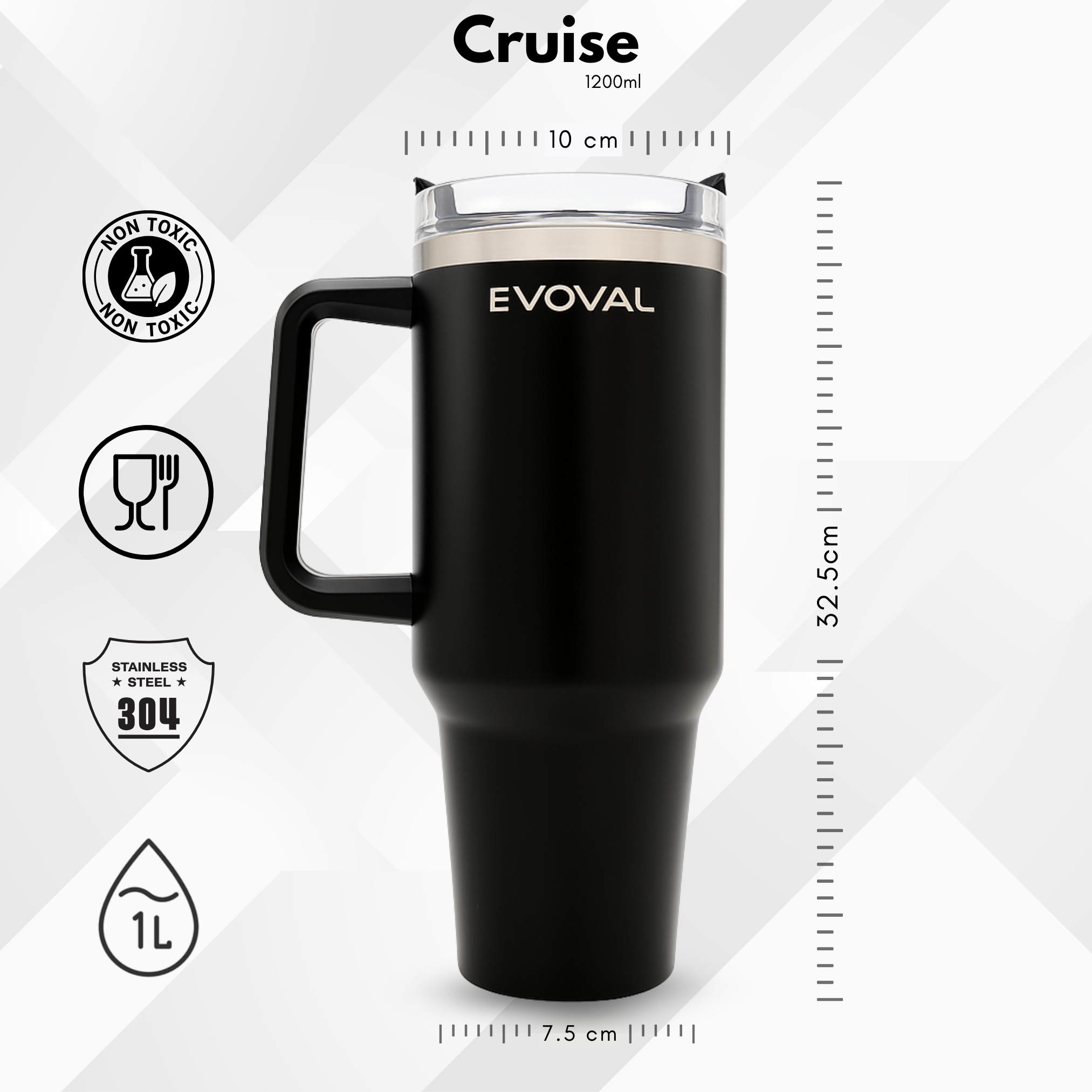 EVOVAL Cruise 1200ml Stainless Steel Insulated Travel Tumbler with Handle & Metal Straw | Double Wall Vacuum Flask | Hot & Cold | Leakproof, Matte Black Mug for Office, Gym, Car
