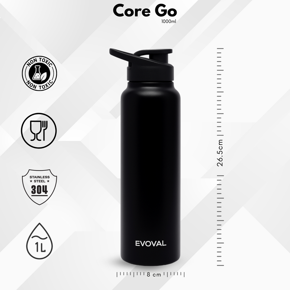 EVOVAL Core Go 1000ml (Black) | Single Wall Stainless Steel Water Bottle | Lightweight, Fridge-Friendly, Leak-Proof, Rust-Free